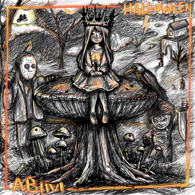 realistic girl sitting on a huge tree stump size toadstool with thorn crown