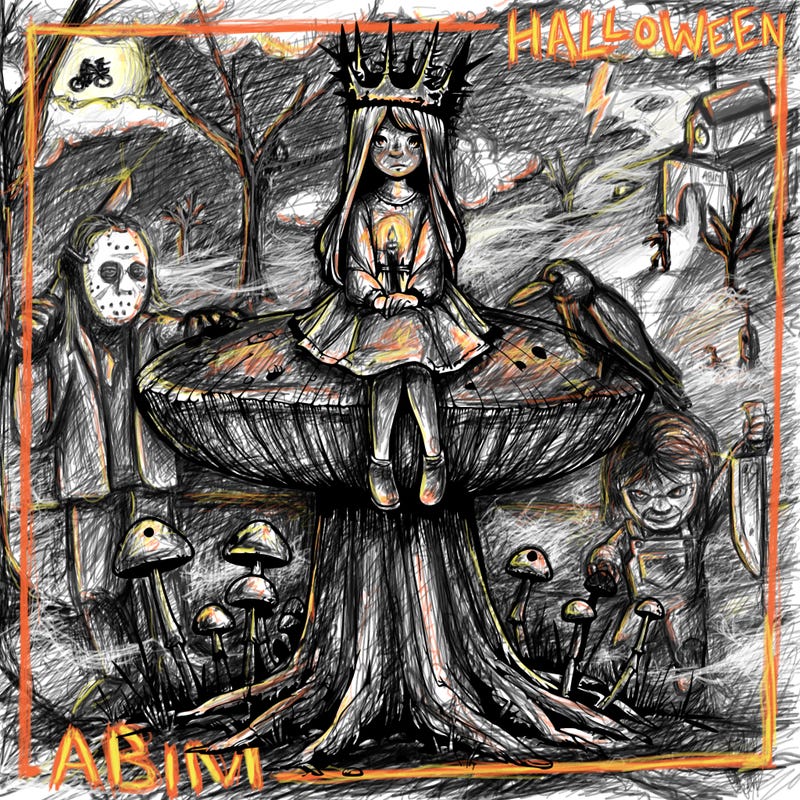 realistic girl sitting on a huge tree stump size toadstool with thorn crown