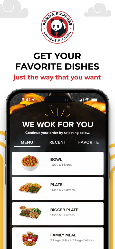 Interface do aplicativo Panda Express mostrando opções de seleção de refeições, incluindo Bowl Plate e Family Meal