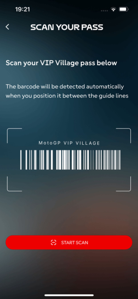 MotoGP™ Hospitality - MotoGP Hospitality app interface for scanning a VIP Village pass barcode