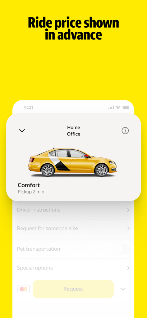 Yandex Go app screenshot showing a yellow comfort taxi selection with ride price transparency features