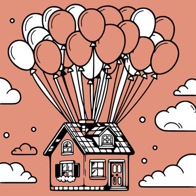 house floating from lots of balloons