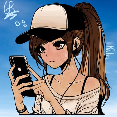 realistic girl with a long ponytail and trucker hat holding an iphone