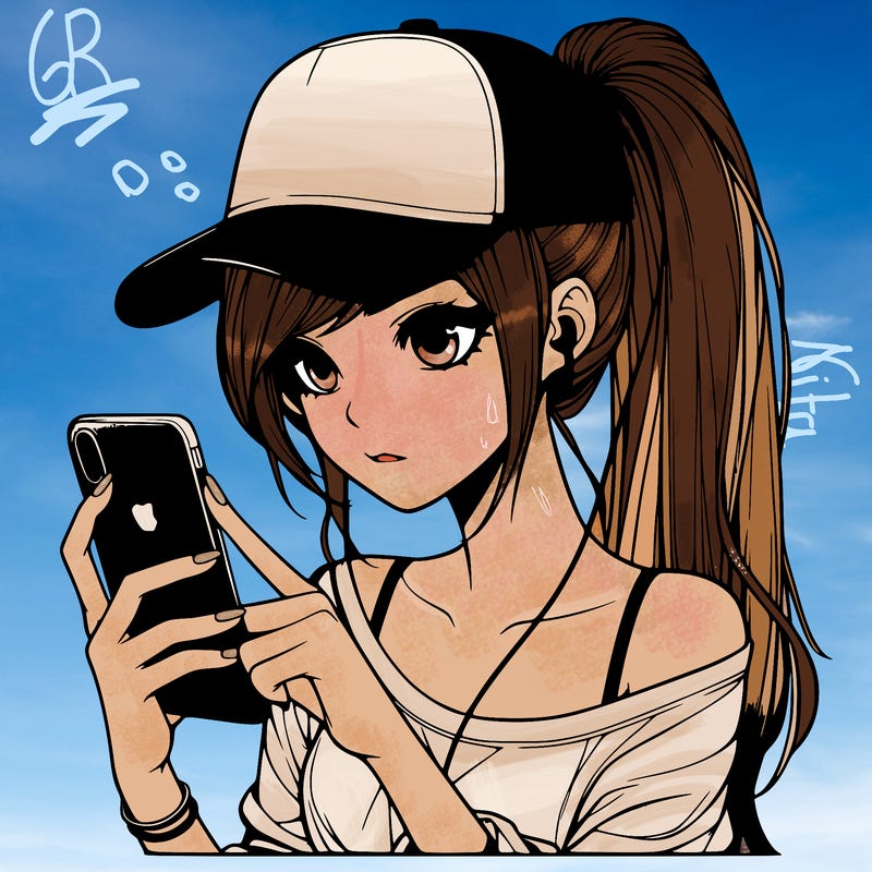 realistic girl with a long ponytail and trucker hat holding an iphone