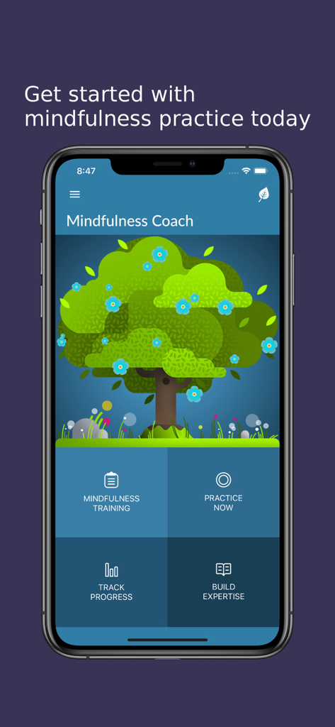 Pantalla de inicio de la aplicación Mindfulness Coach que muestra una ilustración de un árbol y opciones para practicar el entrenamiento y el seguimiento del progreso.