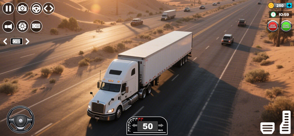 American Truck Driving Game 3d - White semi-truck driving on a desert highway in a 3D simulation game