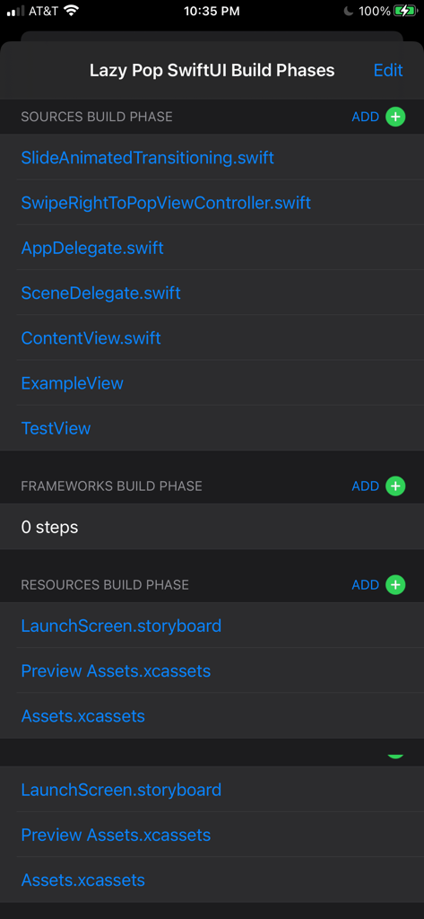 App Maker Professional - Interface d'App Maker Professional montrant les phases de build du projet avec les fichiers source Swift et les ressources de l'application.