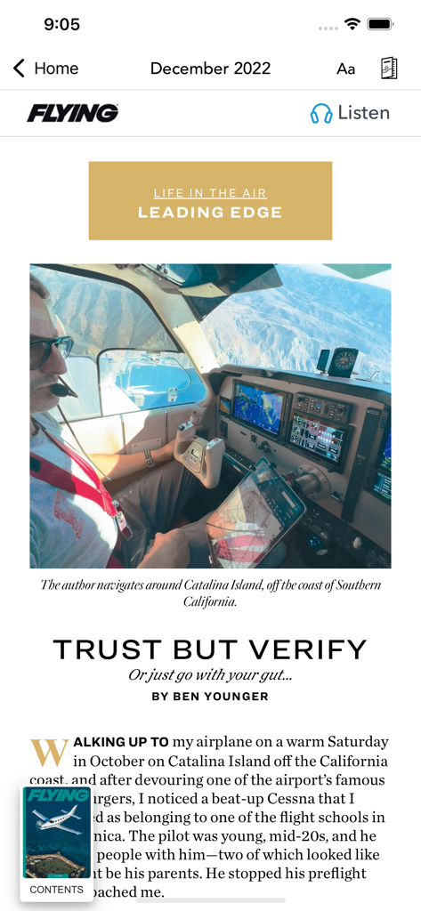 Captura de pantalla de la aplicación Flying Magazine que muestra un artículo con un piloto en una cabina volando sobre la isla de Catalina.