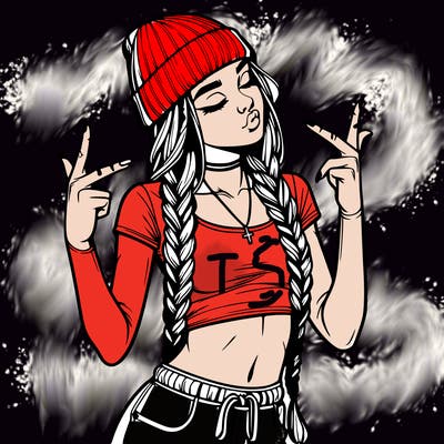 realistic teenage girl with braids and a beanie and crop top doing 🫶🏼