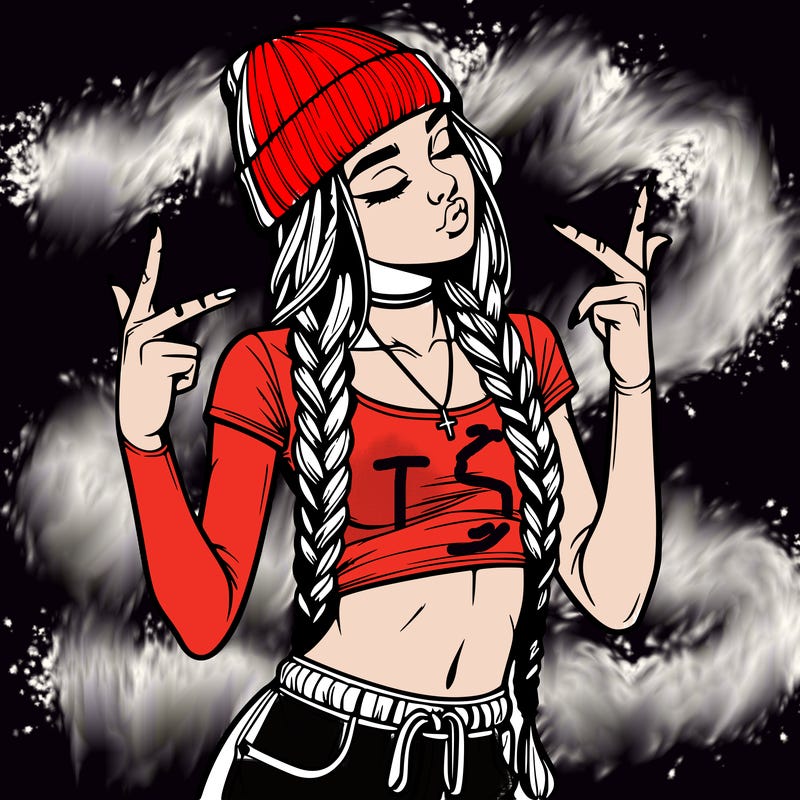 realistic teenage girl with braids and a beanie and crop top doing 🫶🏼