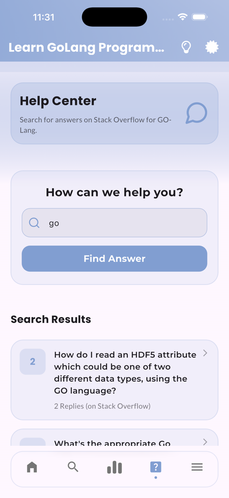 Learn Go Lang | GoPrgramming - Centro assistenza dell'app Impara Go Lang che mostra la ricerca integrata di Stack Overflow per domande di programmazione