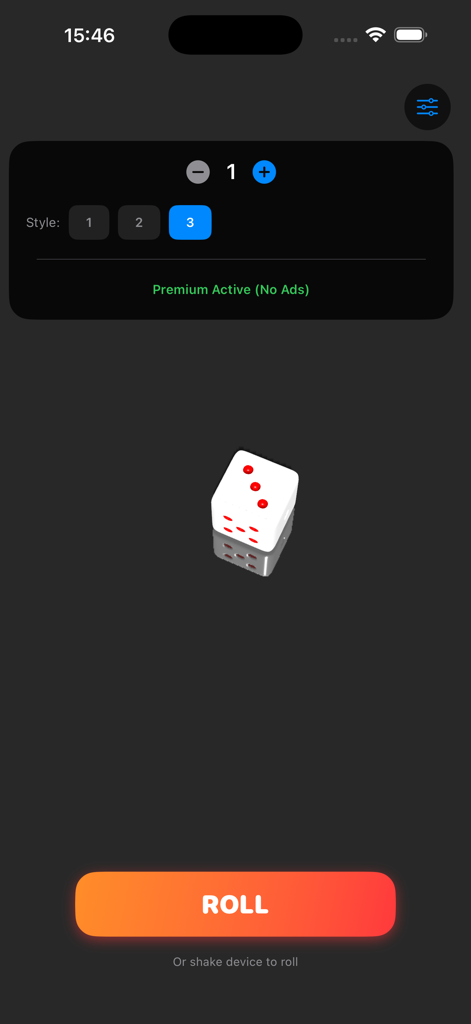 Pocket Dice - 3D Roll - Interfaz principal de la aplicación Pocket Dice 3D Roll con un dado blanco y un botón de lanzar naranja.