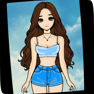 a realistic girl with long hair and in a crop top and shprts