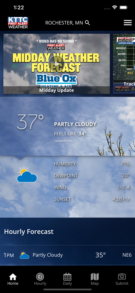 Interface of the KTTC First Alert Weather app showing the local forecast for Rochester Minnesota