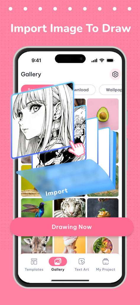 AR Sketch & Trace - Pantalla de la galería de la aplicación AR Sketch and Trace con una selección de personajes de anime para calcar y dibujar.