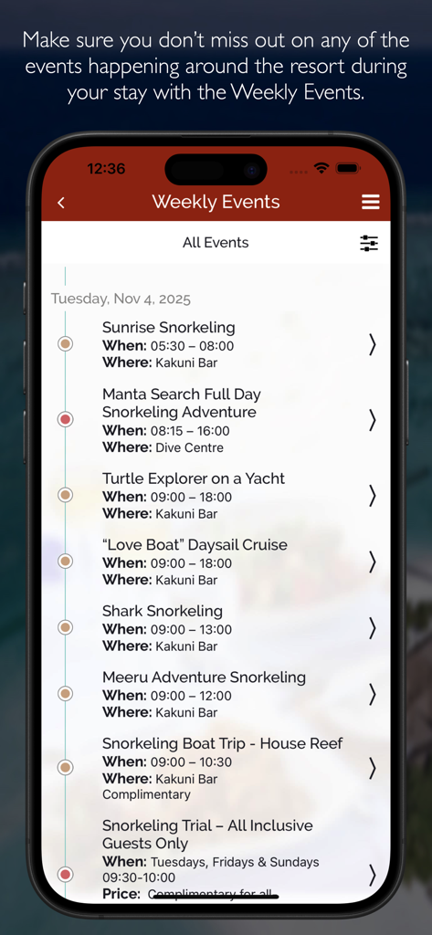 MeeruMaldives - MeeruMaldives app interface showing a list of weekly resort activities including snorkeling and boat cruises
