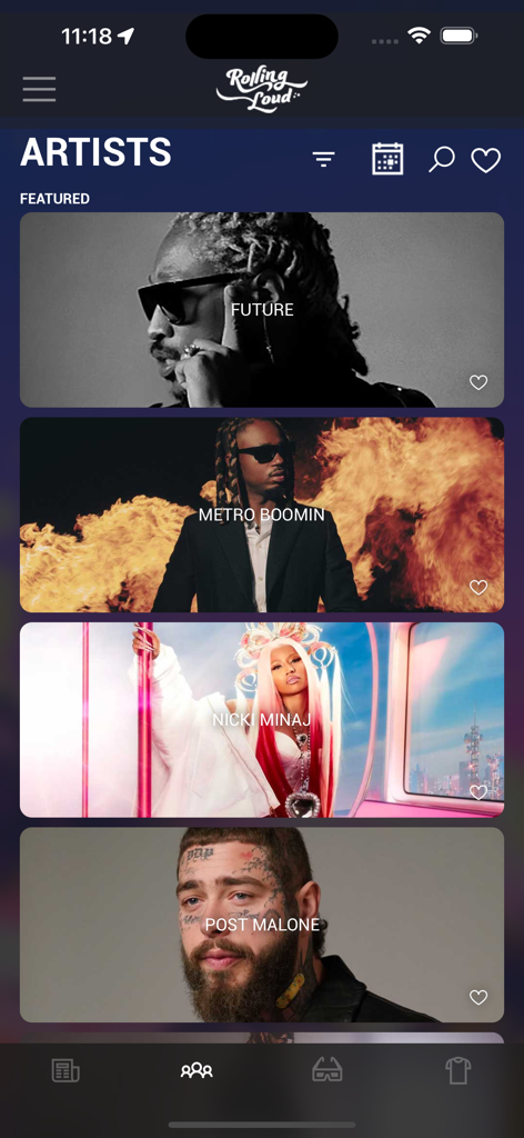Rolling Loudアプリのインターフェース、FutureやNicki Minajを含む注目のアーティストラインナップが表示されています
