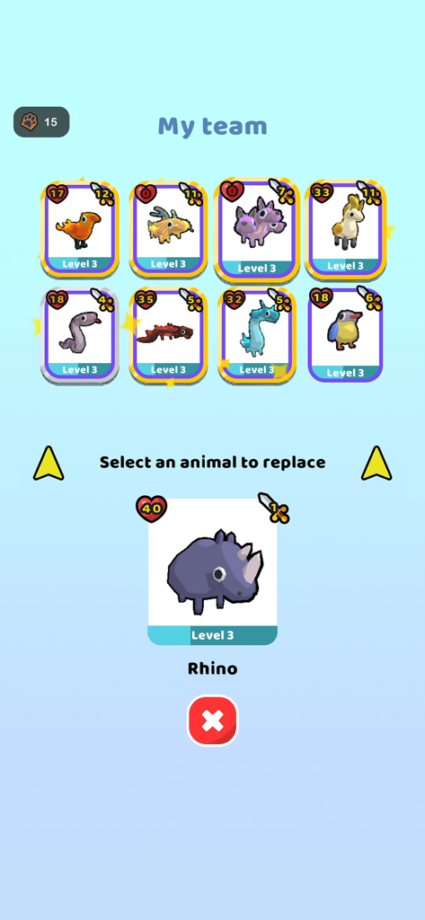 Zookemon - Interfaz del juego móvil Zookemon que muestra una colección de miembros de equipo de animales domesticados y una opción para reemplazar un personaje con un rinoceronte.