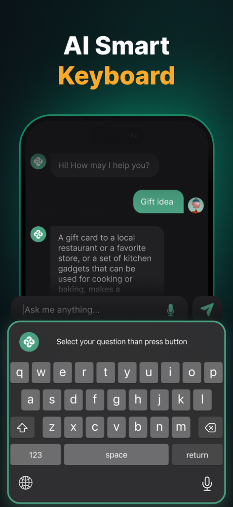 Fonctionnalité clavier intelligent IA montrant une interface de chat mobile avec un assistant virtuel
