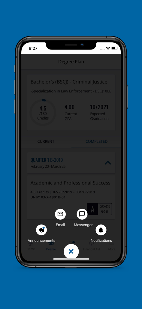 Tela do aplicativo AIU Student Mobile mostrando o progresso do plano de estudos com um menu de acesso rápido para e-mail, mensagens, anúncios e notificações.