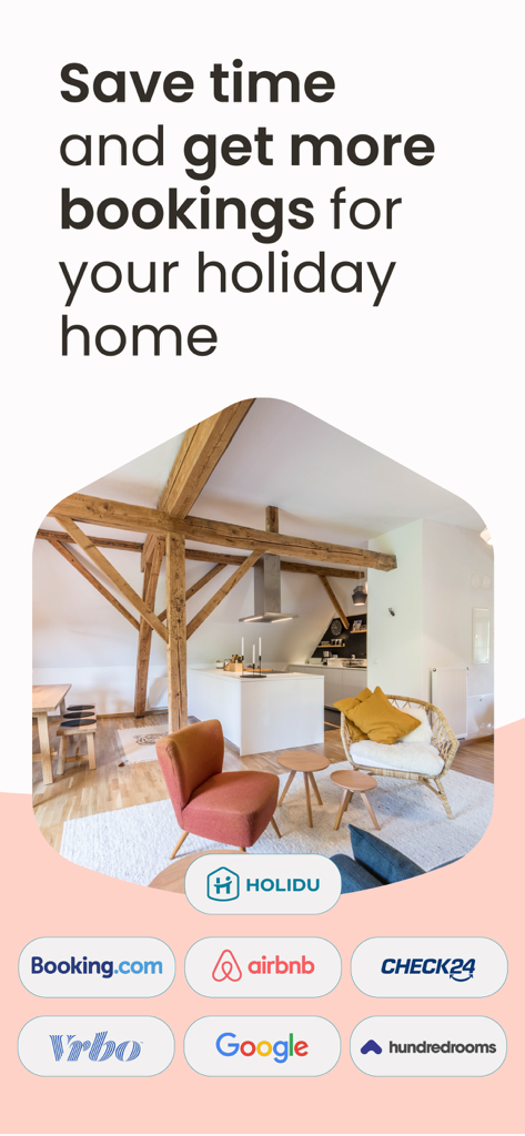 Intérieur moderne de maison de vacances avec les logos des principales plateformes de réservation pour la gestion de locations de vacances