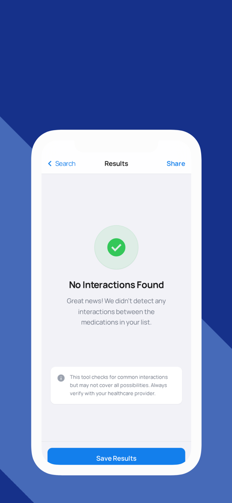 A mobile app screen for Med Interaction showing no drug interactions found with a green checkmark icon