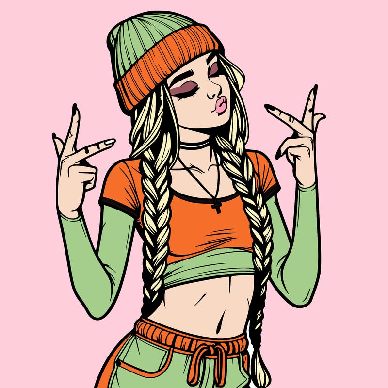 realistic teenage girl with braids and a beanie and crop top doing 🫶🏼