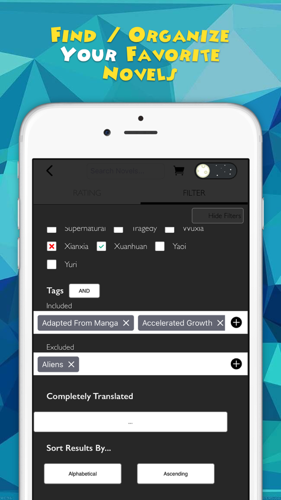 Novel Updates app interface showing advanced search filters for light novels including genre and tag selection