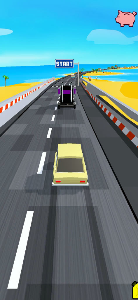 OverTake - Une voiture jaune roulant sur une autoroute côtière en direction d'un panneau de départ dans le jeu mobile OverTake.