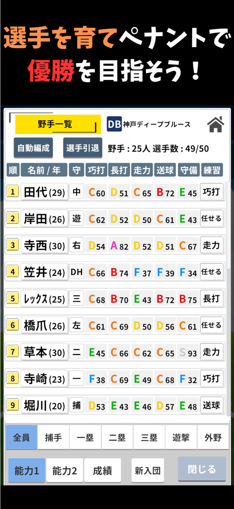 プロ野球ペナントシミュレータ - 선수 이름, 포지션, 능력 등급을 보여주는 프로 야구 페넌트 시뮬레이터 모바일 앱의 상세 선수 명단 및 통계 화면