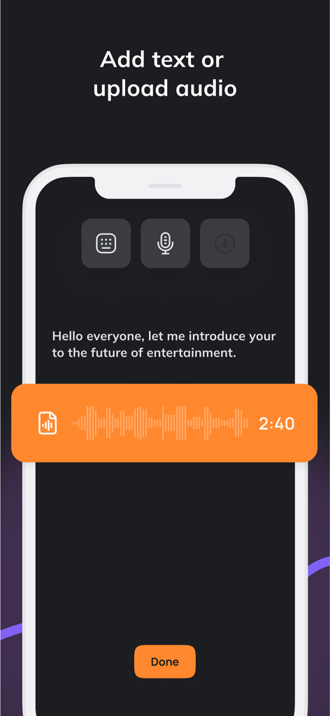Interfaz móvil para añadir texto o subir audio para crear un vídeo IA con un avatar que habla