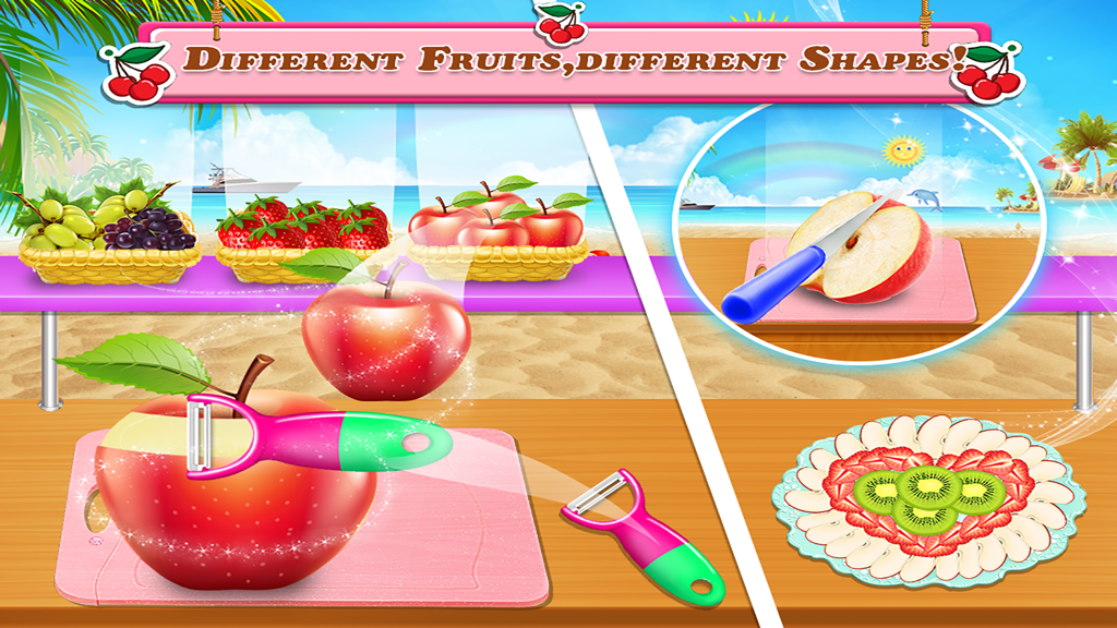 Fruit Dish Maker - Pantalla de juego infantil que muestra una manzana siendo pelada y una arrangement de fruta en forma de corazón ya terminado.