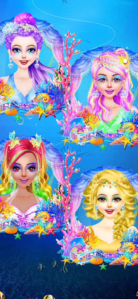 Mermaid Simulator! - Four diverse mermaid characters with vibrant hair and makeup styles