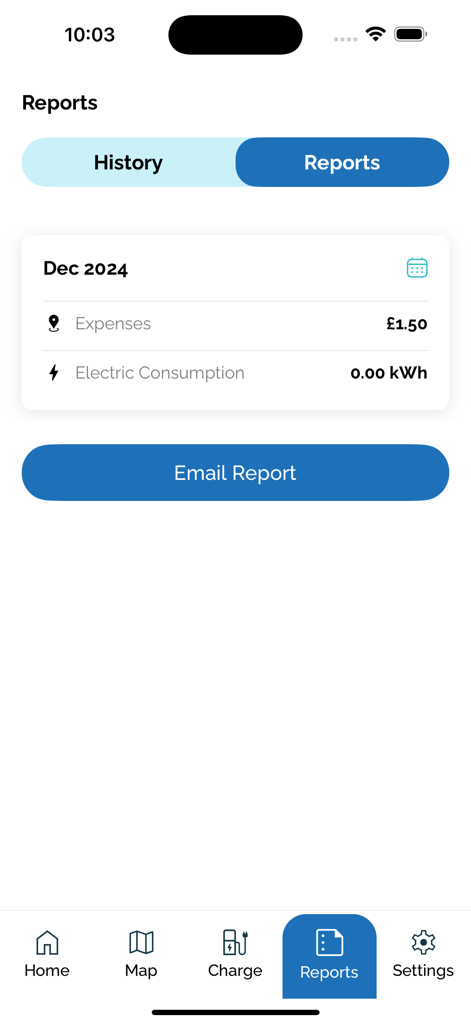 ZapApp reports screen showing monthly EV charging expenses and electric consumption
