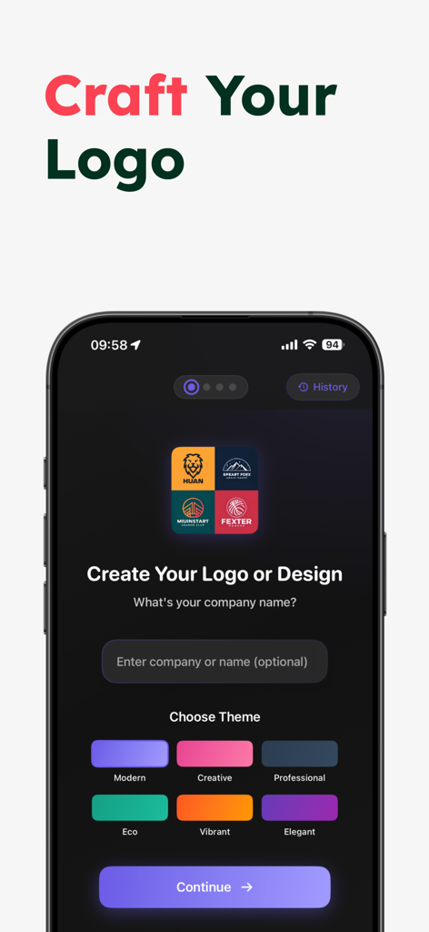 AI Logo & Design Creator - Interfaz de aplicación móvil para crear un logo con varios temas de estilo