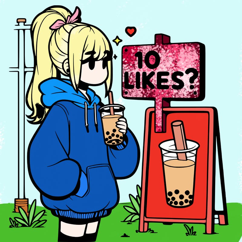 girl with oversized hoodie drinking boba and she has a high ponytail with a sign that says 10likes?