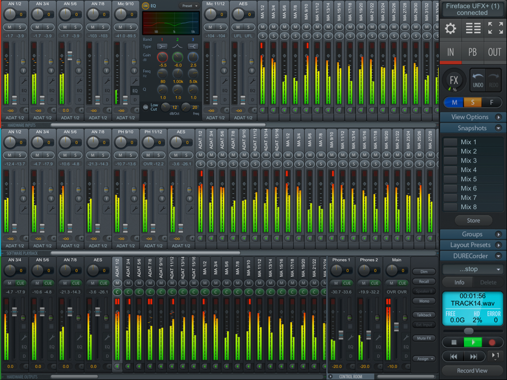 Professional audio mixing interface on iPad showing multiple channel faders and levels