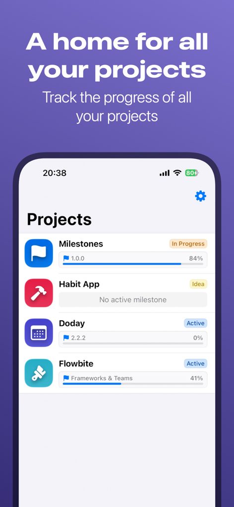 Project Planner: Milestones - モバイルアプリのダッシュボードで、インディー開発者向けの進捗バーとステータスインジケーターが表示された複数のプロジェクトが表示されています。