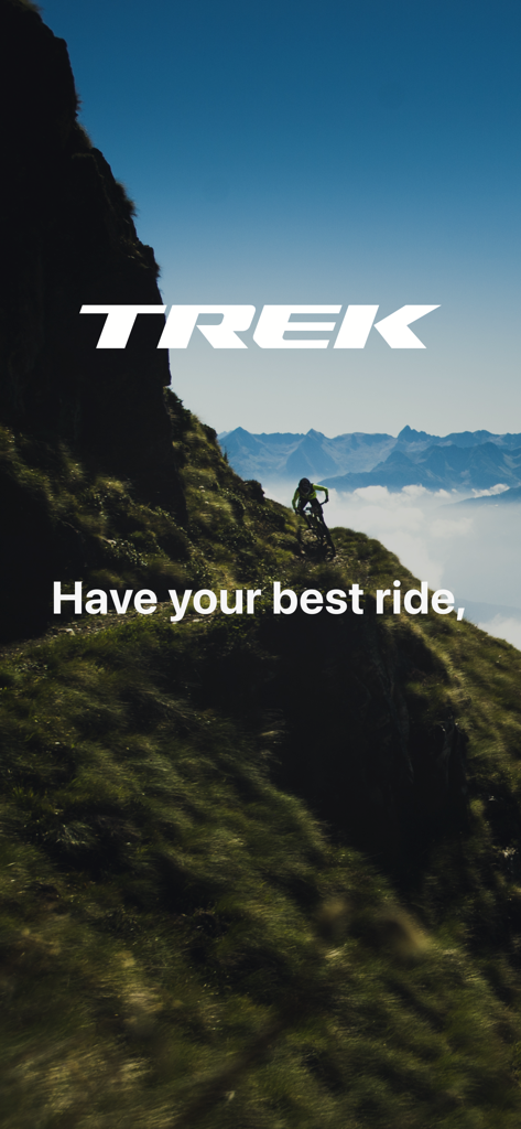 Trek Central - Trek Central app splash screen featuring a mountain biker on a steep ridge with mountain views