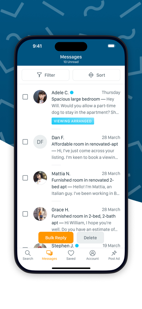 SpareRoom US - The messages screen in the SpareRoom US app displaying a list of conversations with potential roommates and a bulk reply option.