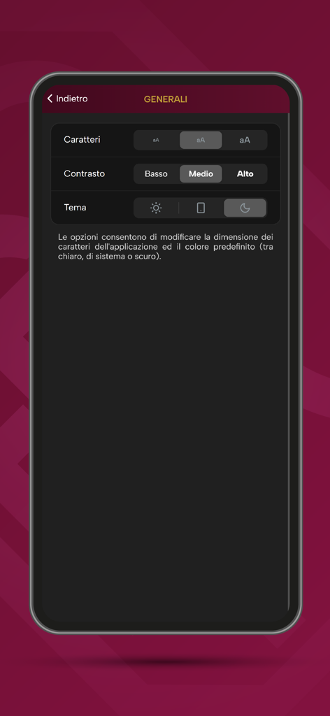 MB+ - The general settings interface of the MB plus banking app showing options for font size contrast and dark mode selection