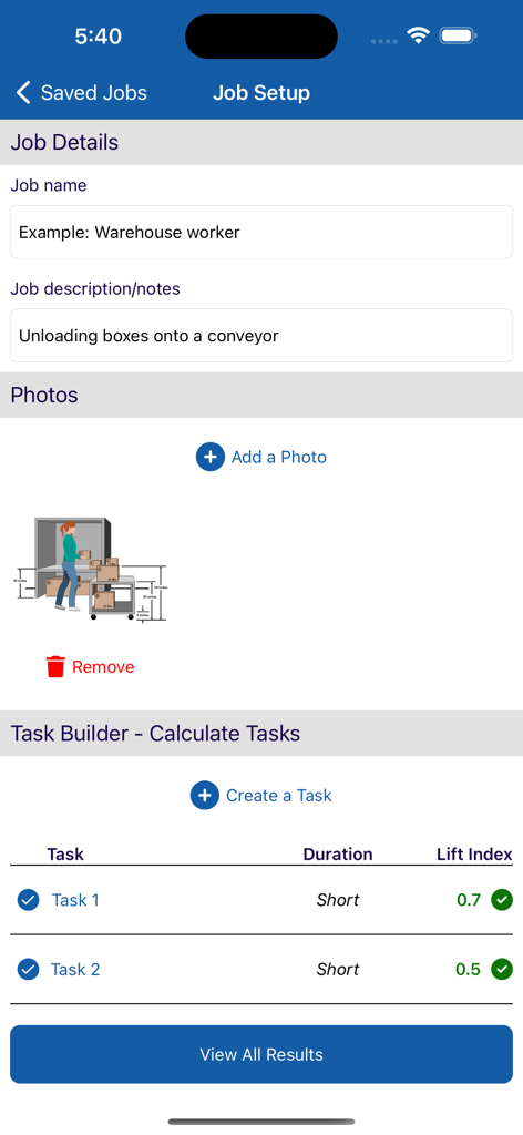NLE Calc app interface showing job setup details and lifting index results for warehouse tasks