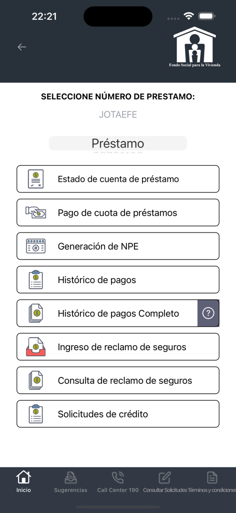 Main loan management menu of the FSV app showing options for payments and account statements.