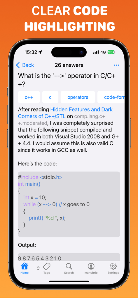 Crew - Stack Overflow Code Q&A - iPhone screen displaying a Stack Overflow question with clear syntax highlighting for C code