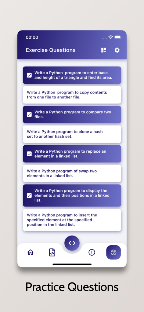 Python Compiler - Run .py Code - Interface showing a list of Python coding practice questions and exercises