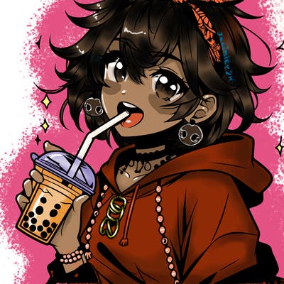 hot baddie anime girl drinking boba and biting the straw