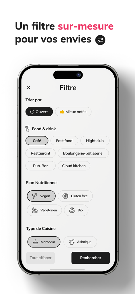 Filter interface of Pinjoy app showing search options for restaurants, bars, and dietary preferences