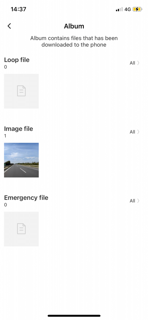 Nice DVR app album screen displaying categorized loop files image files and emergency recordings