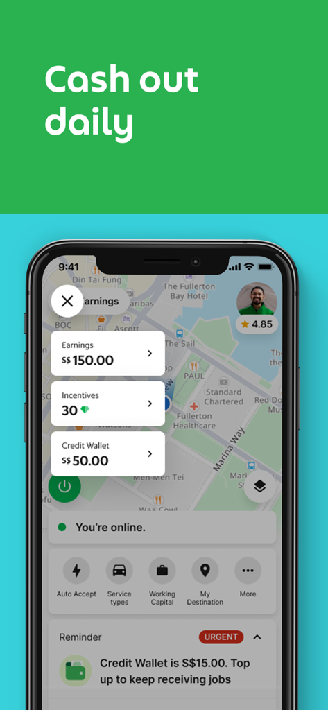 Grab Driver app interface highlighting daily earnings and cash out features