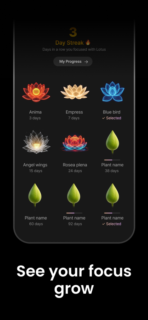 Pondアプリのスクリーンショット。蓮の花の庭のコレクションと、さまざまな光る蓮の花のデザインの3日間のフォーカストレックが表示されています。